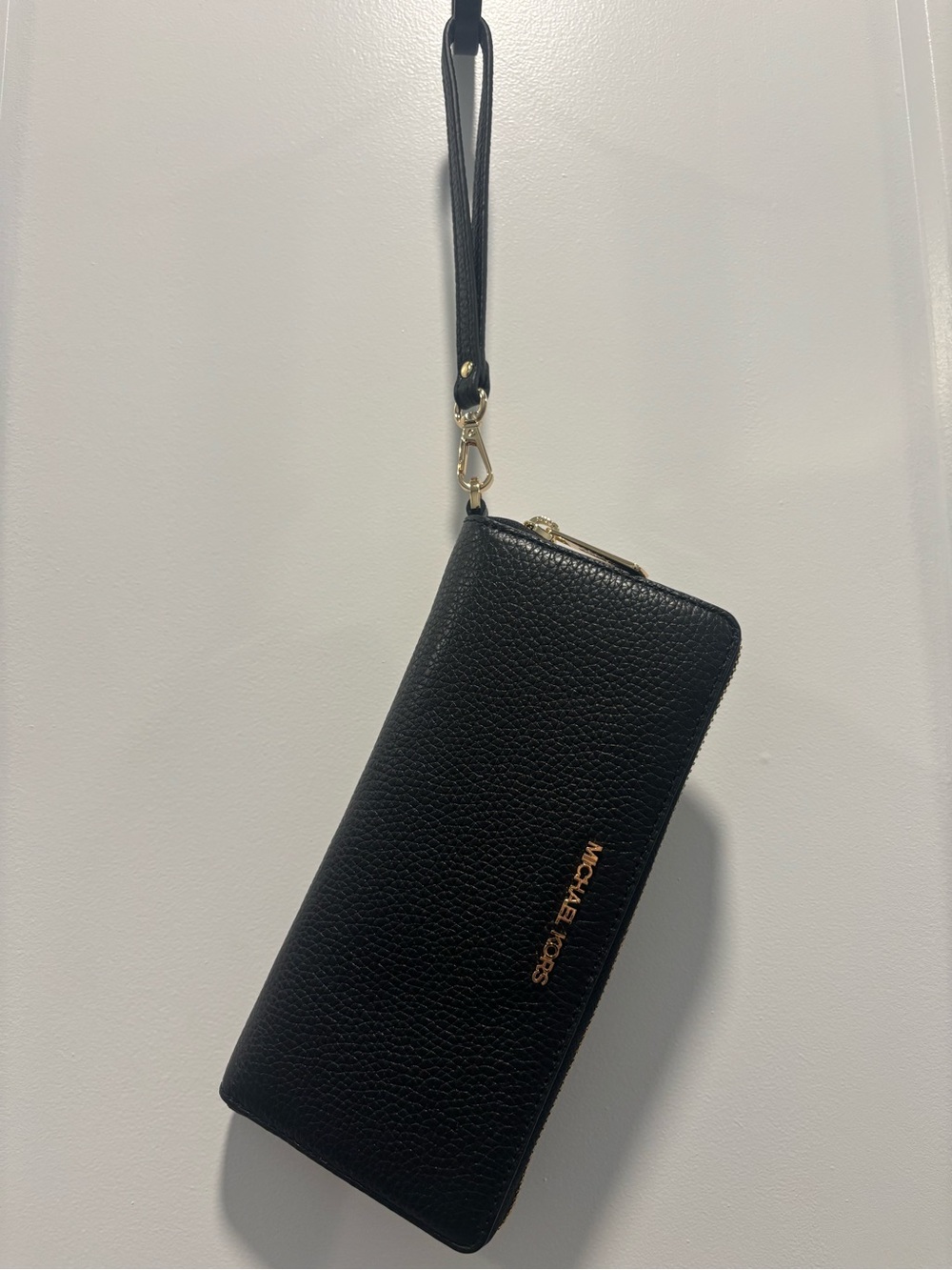 Michael Kors Black Pebbled Leather Wristlet Wallet with Gold Logo